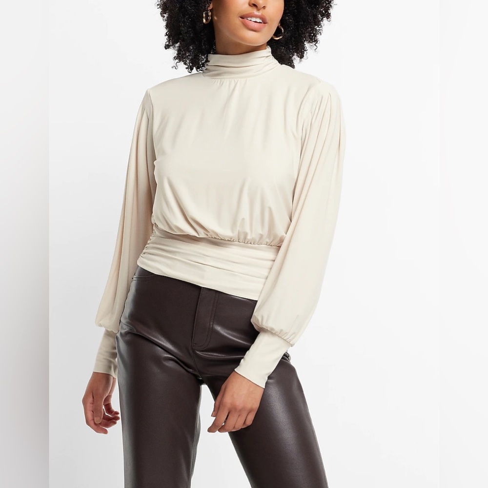 Express Matte jersey mock neck blouson open back top Sand M